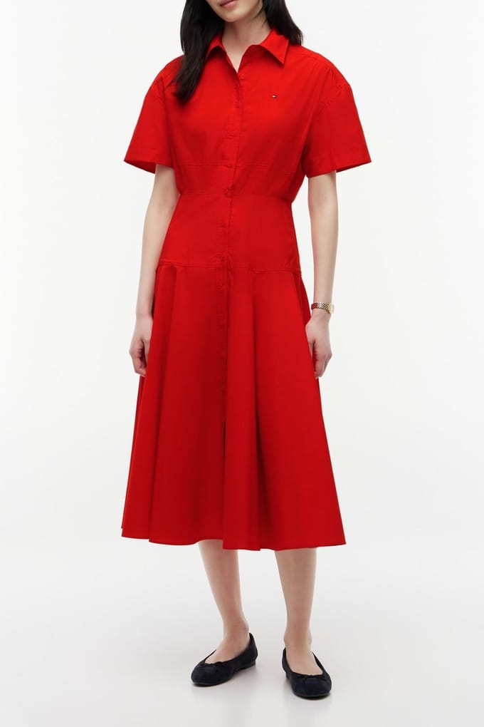 Tommy Hilfiger Poplin Flre Ss Midi Fire Red Größe: 34 | Blusenkleider Outlet | Damen | Rot
