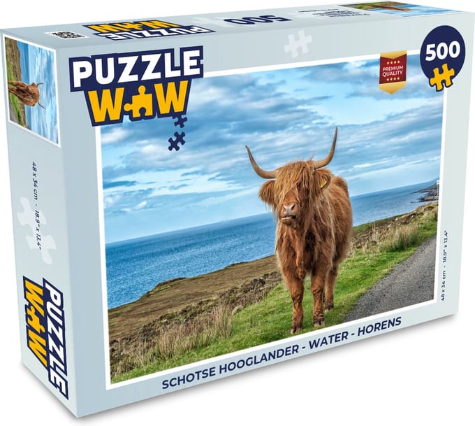 Puzzel Schotse Hooglander - Water - Horens - Legpuzzel - Puzzel 500 stukjes