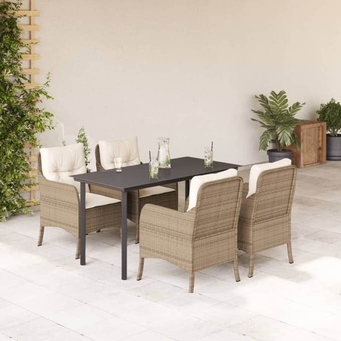 vidaXL - 5-delige - Tuinset - met - kussens - poly - rattan - beige