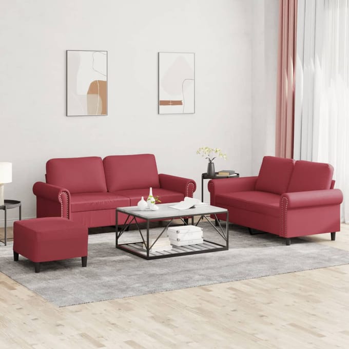 vidaXL - 3-delige - Loungeset - met - kussens - kunstleer - wijnrood