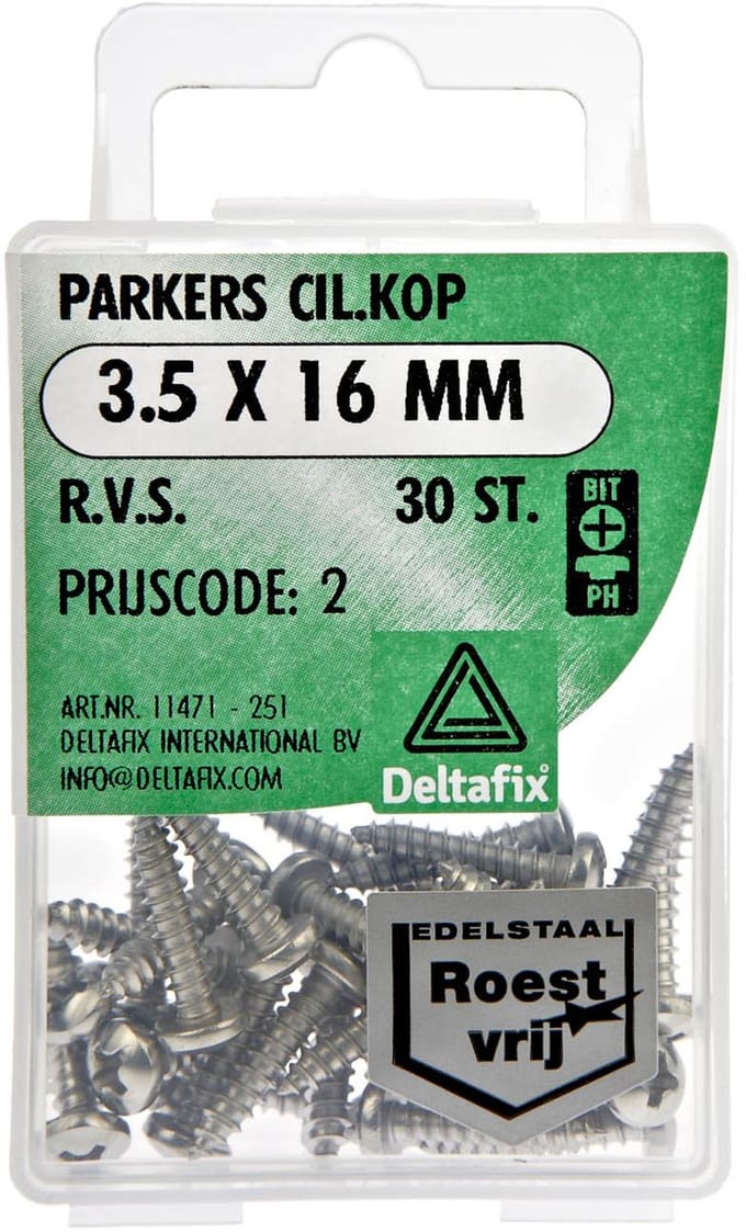Deltafix. PARKERS CIL.KOP 3.5  x 16 MM  R.V.S. 30 Stuks metaal schroeven. Kruis kop.