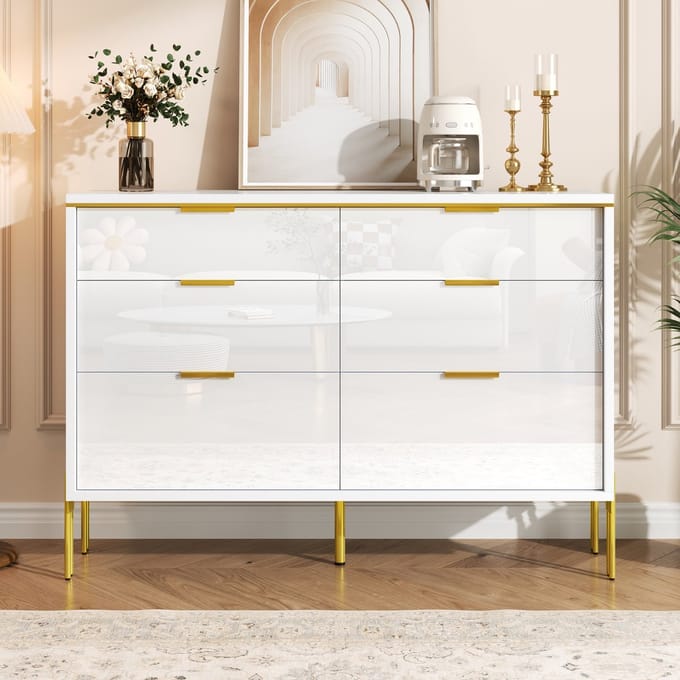 MODFU Kast 120 × 40 × 85,5 cm van spaanplaat, met laden en hoogglans fronten, wit-goud design