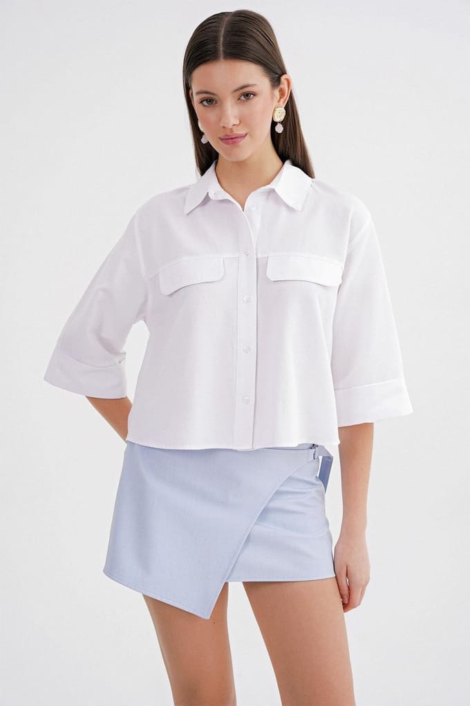 Korte Mouwen Crop Poplin Blouse