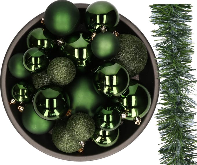 Kerstversiering set - donkergroen - 26x kerstballen 6-8-10 cm en kerstslinger - kunststof