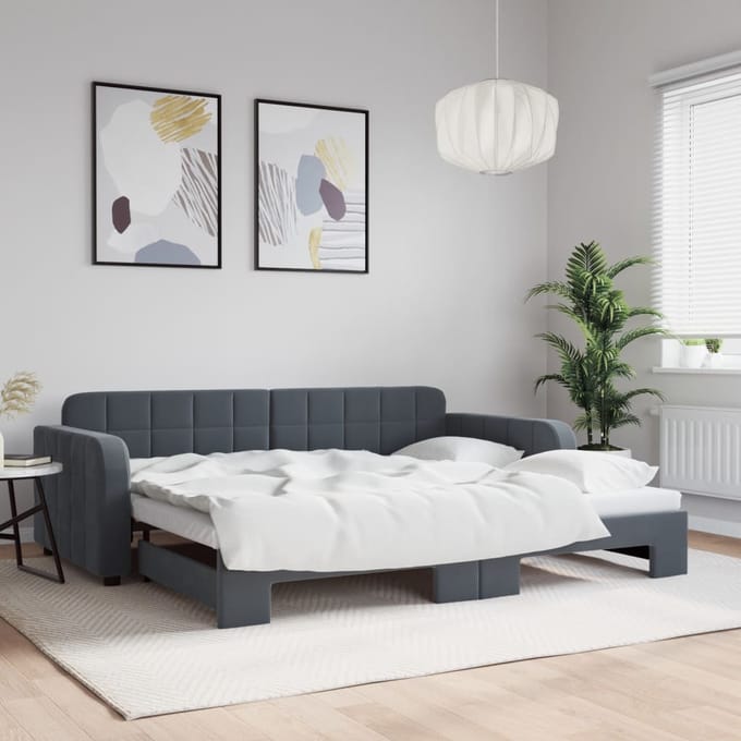 vidaXL - Slaapbank - met - onderschuifbed - 90x200 - cm - fluweel - donkergrijs