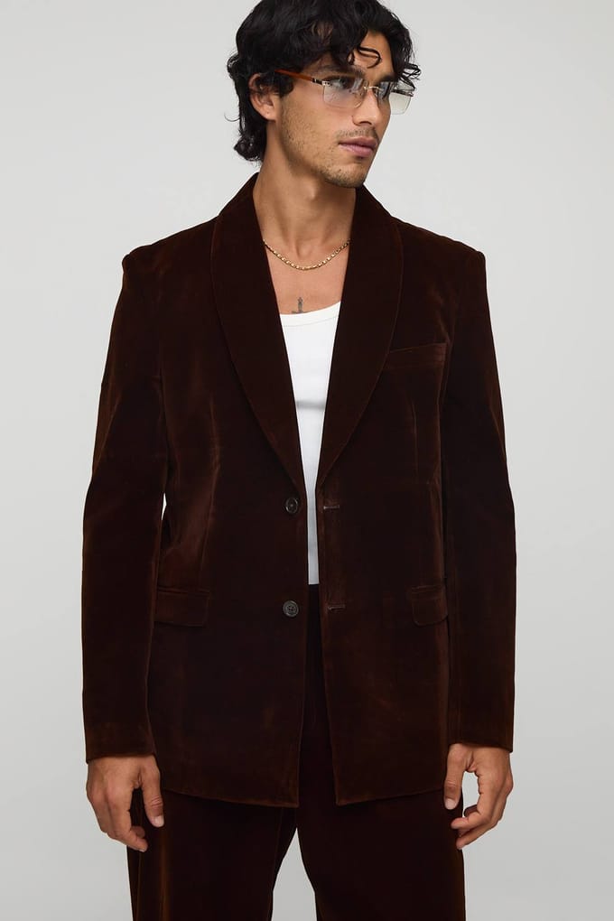 Relaxed Fit Shawl Kraag Velours Blazer | Chocolate | Size 34