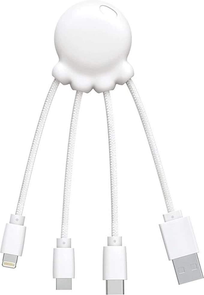 Xoopar Octopus Recycled 3-in-1 Laadkabel – USB naar USB-C, Lightning en Micro-USB – Compacte Multilaadkabel – 0,1 m – Wit