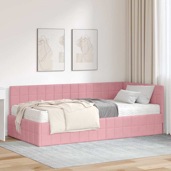 vidaXL - Hoekbedframe - met - Matras - 2 - st - Roze - 90 - x - 190 - cm - Fluweel
