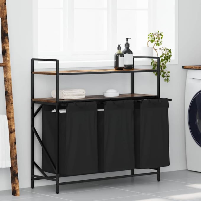 vidaXL - Wasmand - 3 - vakken - met - planken - gerookt - eikenkleurig