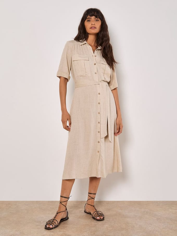 Linen Blend Utility Shirt Midi Dress