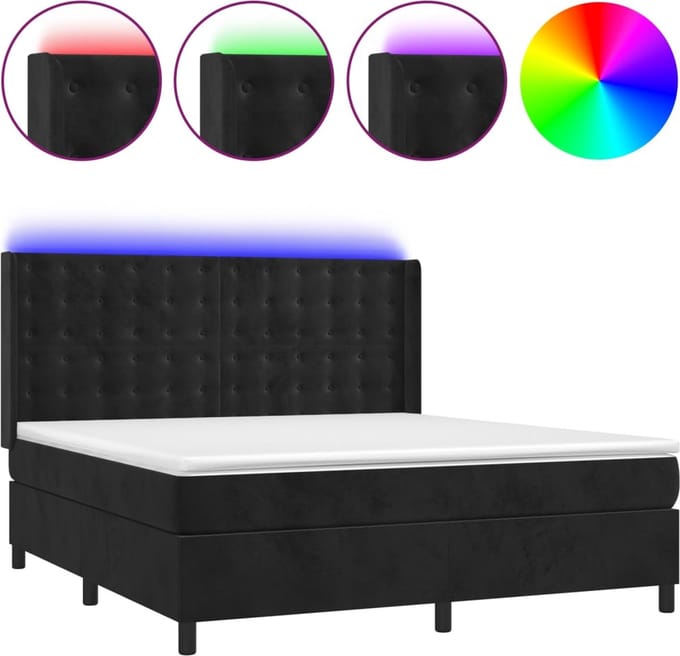 vidaXL - Boxspring - met - matras - en - LED - fluweel - zwart - 160x200 - cm
