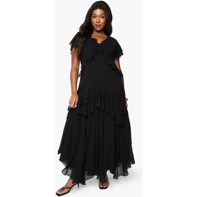 boohoo Dames Plus Dobby Chiffon Maxi-jurk met ruchesdetail | Zwart | Maat: 44