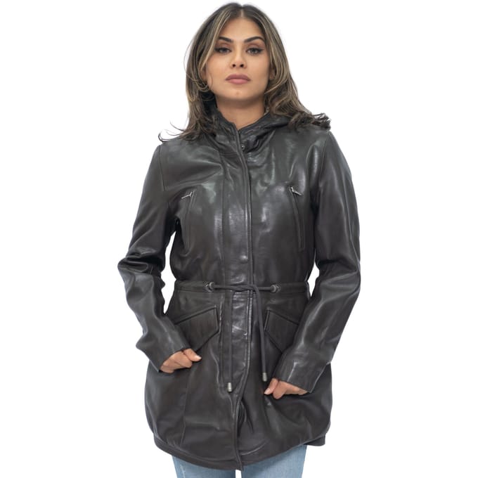 Dames leren parka jas met capuchon-Boekarest