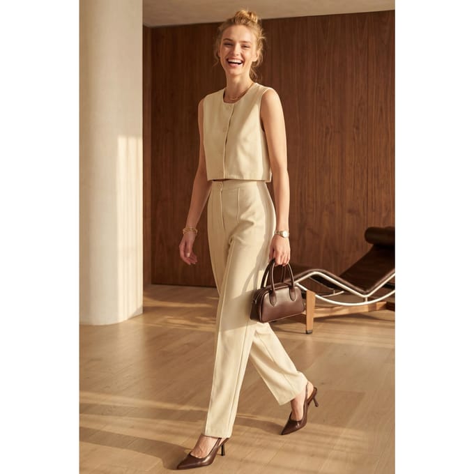 Crew Neck Crop Top & Hoge Taille Broek Twee-Stuks Set