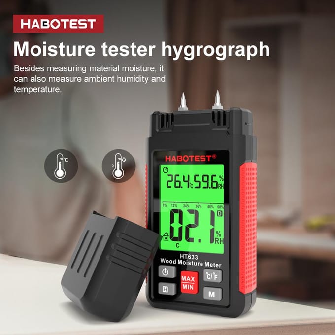 HABOTEST HT633 Houtvochtmeter Pin-Type Digitale Vochtdetector Omgevingstemperatuur en