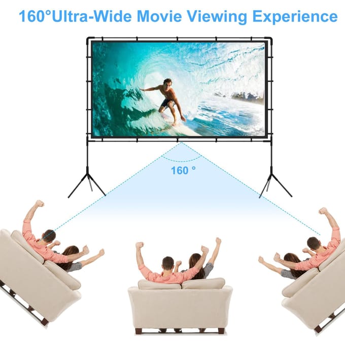 100-Inch 16:9 Buitenscherm met Standaard, 160 graden Kijkhoek, Inclusief Grondpennen &