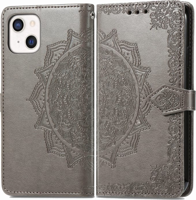 Bookcase geschikt voor Apple iPhone 13 Mini - Grijs - Bloemen - Portemonnee Hoesje