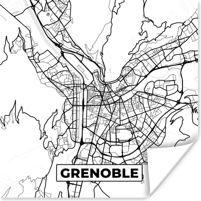 Poster Kaart - Plattegrond - Grenoble - Frankrijk - Stadskaart - Zwart wit - 50x50 cm