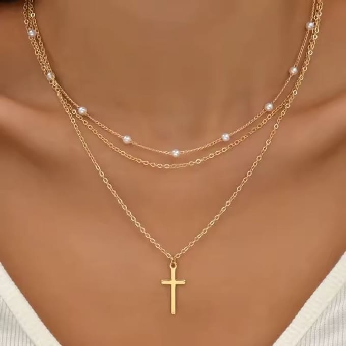Ketting (duo) met hanger kruisje en parels goudkleur