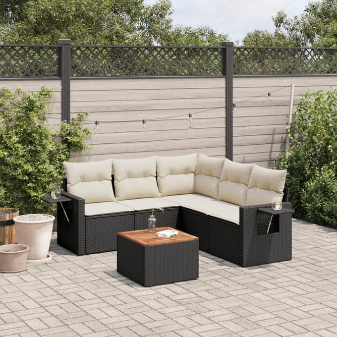vidaXL - 6-delige - Loungeset - met - kussens - poly - rattan - zwart