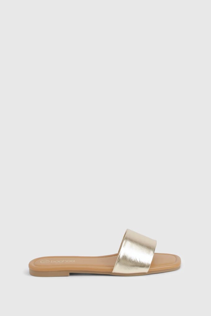 boohoo Dames Brede pasvorm minimalistische mule sandalen | Goud | Maat: 36