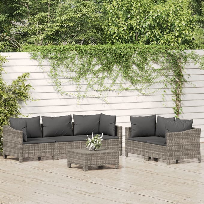 vidaXL - 6-delige - Loungeset - met - kussens - poly - rattan - grijs