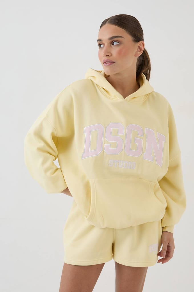 Dames Dsgn Studio Collegiate Applicatie Oversized Hoodie | Citroen | Maat: Large