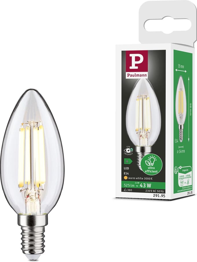 Eco-Line Filament 230 V LED kaars E14 525lm 2,5W 3000K Helder