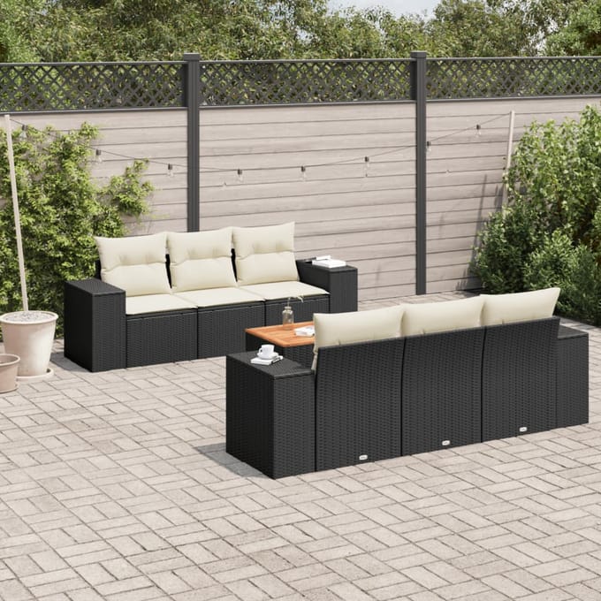 vidaXL - 7-delige - Loungeset - met - kussens - poly - rattan - zwart