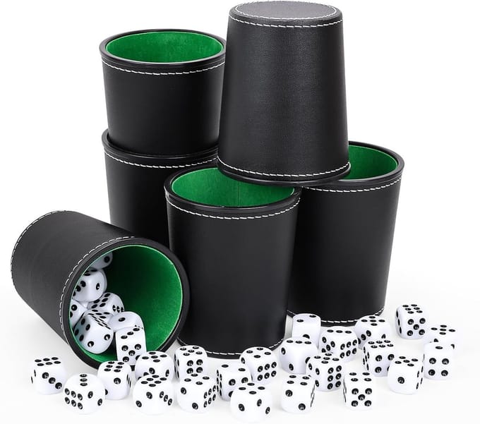 Set van 6 Leren Dobbelbeker met Deksel en Dobbelstenen voor Feestspellen en Bordspellen
