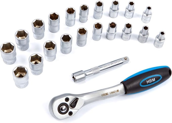 HBM 1/4 inch professionele ratel met 20 doppen en verlengstuk