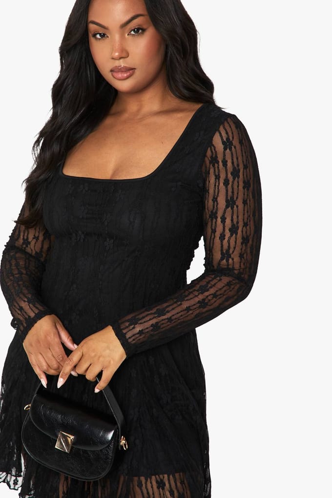 boohoo Dames Plus kanten godet mini skater jurk | Black | Maat: 28