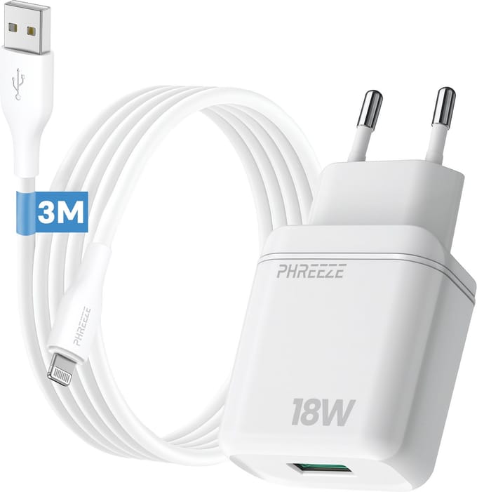 Phreeze usb lader geschikt voor iPhone en iPad met Lightning kabel - 3 meter lange usb kabel voor 14 13 12 11 x 7 6 pro plus max - 5 V 3 A usb adapter