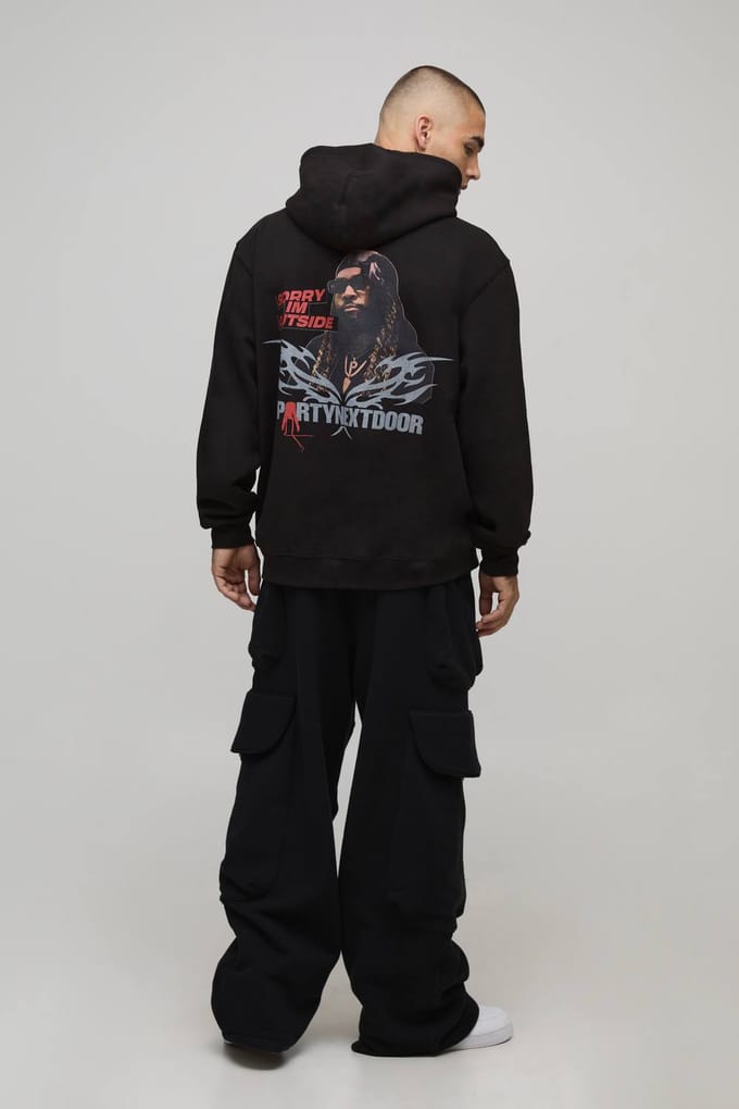 Zwarte Oversized PartyNextDoor-licentie-bedrukte hoodie | Black | Size Medium