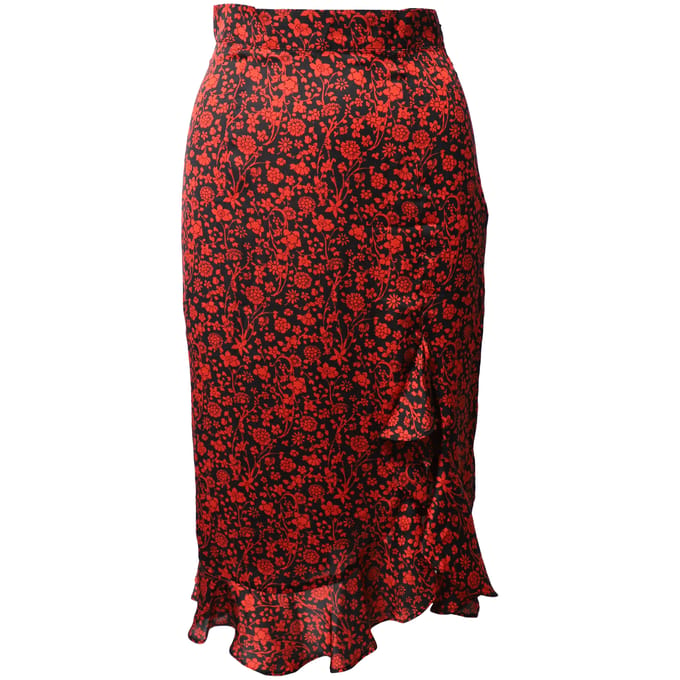 Maje Asymmetrische Drape Rok met Bloemenprint in Rode Zijde