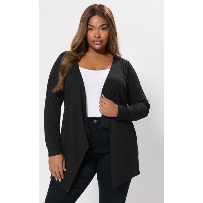 Yours Zwarte Geribbelde Waterval Cardigan Size 42