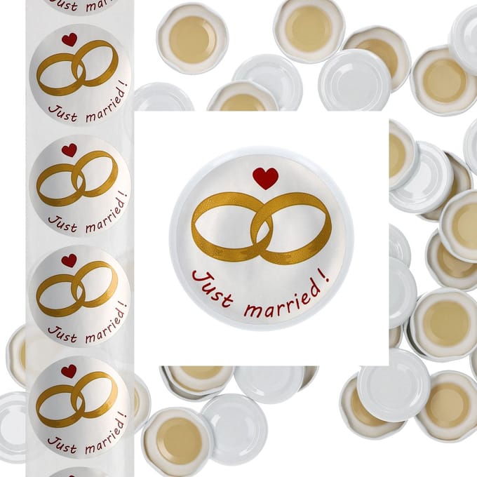 JUST MARRIED Set van 50 deksels To 43 wit geschikt voor 37/53ml potjes + trouwlabels