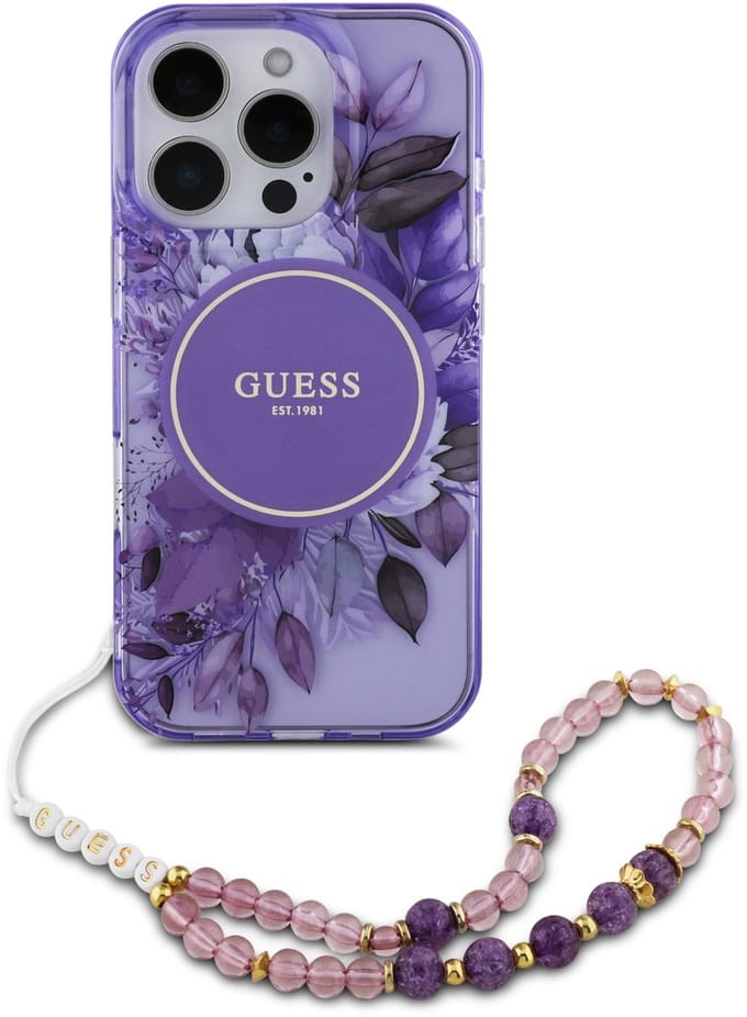 Guess - Backcover iPhone 16 Pro - Magsafe IML Flowers with pearl strap - Paars
