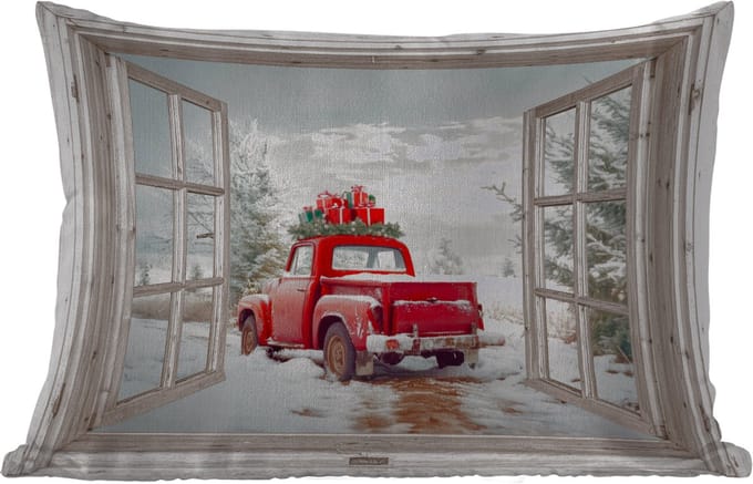 Buitenkussens - Tuin - Auto - Rood - Cadeaus - Winter - Kerst - Doorkijk - Wit - 50x30 cm