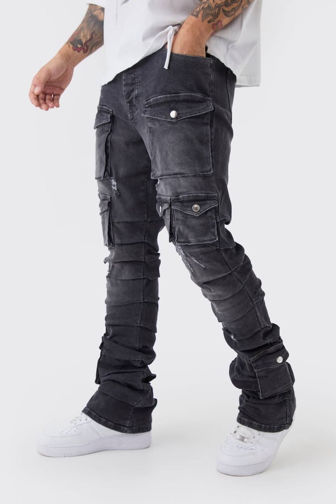 Skinny Stacked Multi Cargo Pocket Flared Jeans | Mid Grey | Size 36R