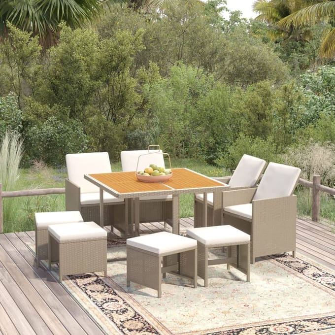 vidaXL - 9-delige - Tuinset - met - kussens - poly - rattan - beige