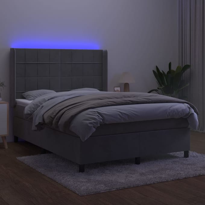 vidaXL - Boxspring - met - matras - en - LED - fluweel - lichtgrijs - 140x200 - cm