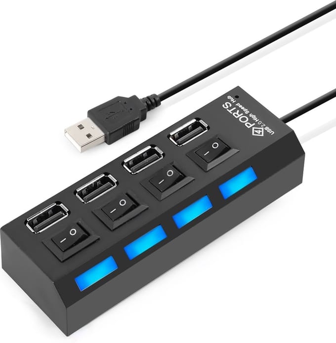 New Age Devi - 4-poorts USB-hub multi-oplaadadapter met aanuit-knop en LED-verlichting - zwart