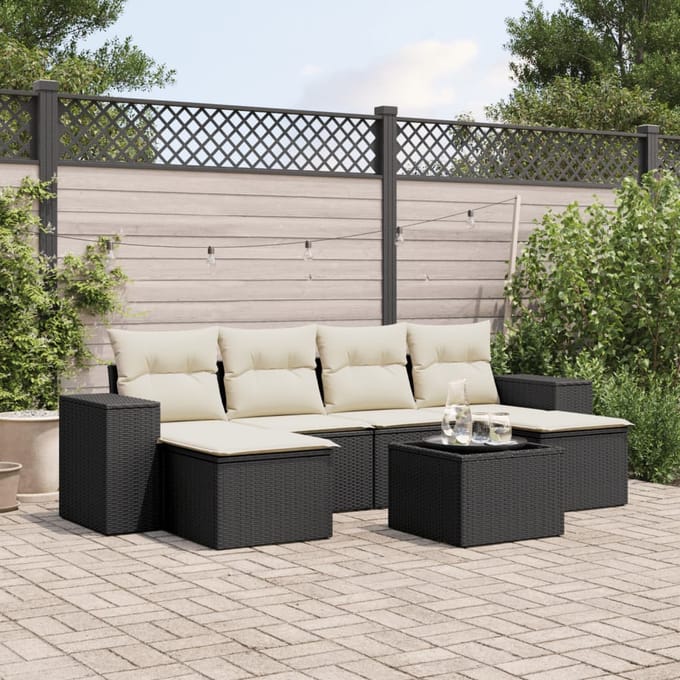 vidaXL - 7-delige - Loungeset - met - kussens - poly - rattan - zwart