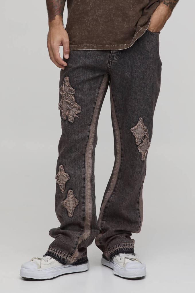 Gewassen Slim Flare Jeans Met Applicatie Panelen | Stone | Size 36