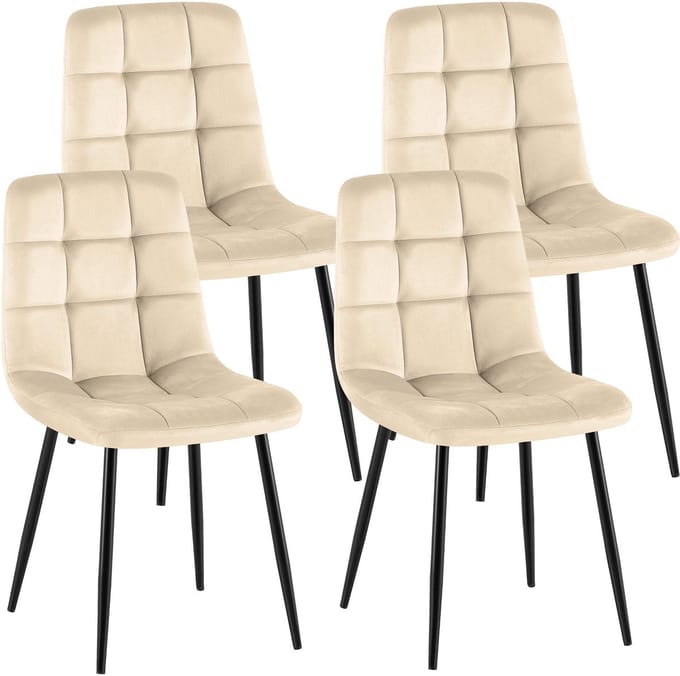 CLP Antibes Set van 4 Eetkamerstoelen - Zonder armleuning - Metaal frame - Velvet - Fluweel/cremewit