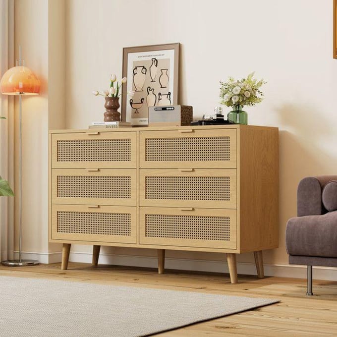 Commode - MUVOE - Vintage - 6 lades - Massief hout - Afmetingen B120/H76,5/D40 cm