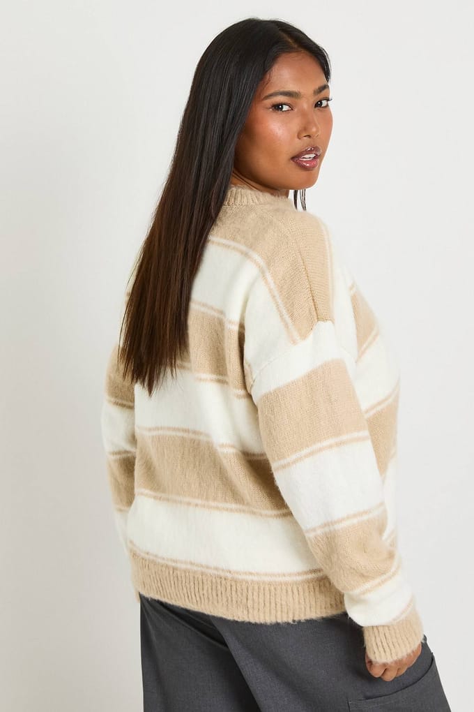 boohoo Dames Plus Oversized Gemêleerde Gestreepte Trui | Ecru | Maat: 16-18