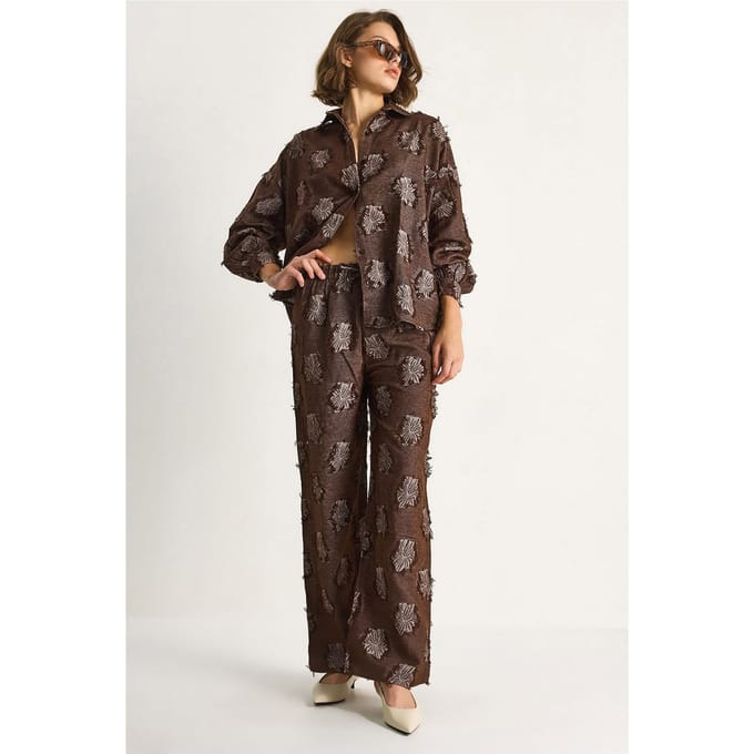Geborduurd Oversized Shirt en Wijde Pantalon Co-Ord Set