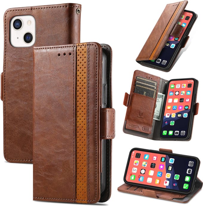 Stijlvol Tweekleurig PU-leer Wallet Flip Case voor iPhone 13 Mini _ Donkerbruin